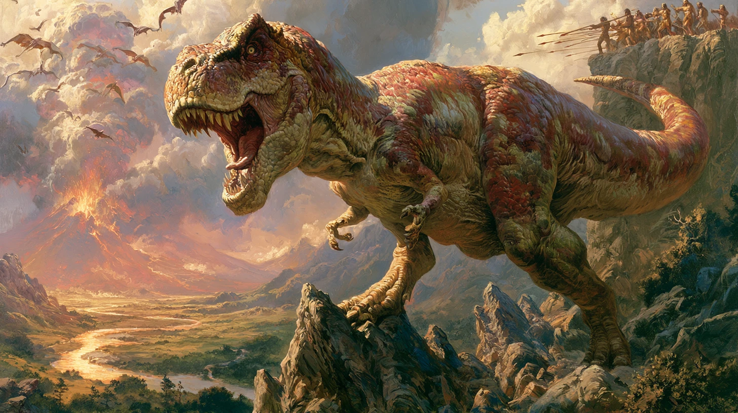 Mächtiger T‑Rex, der über felsigem Vorsprung über einem üppigen Tal brüllt