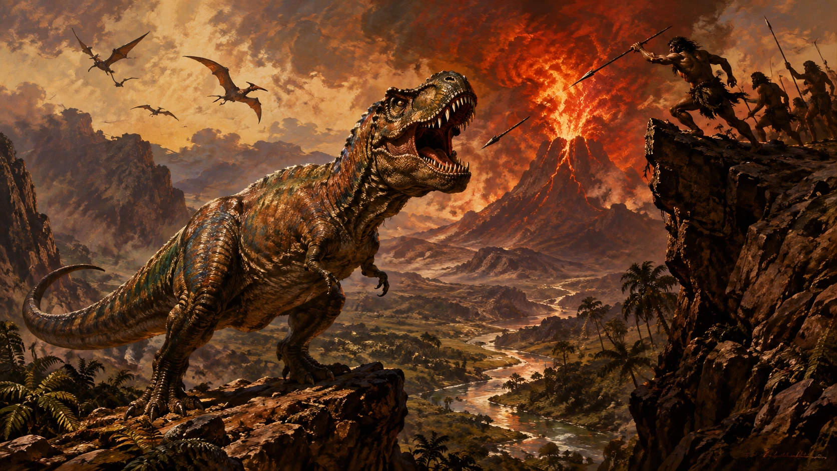 Imponente tiranossauro rex sobre penhasco rochoso e vale