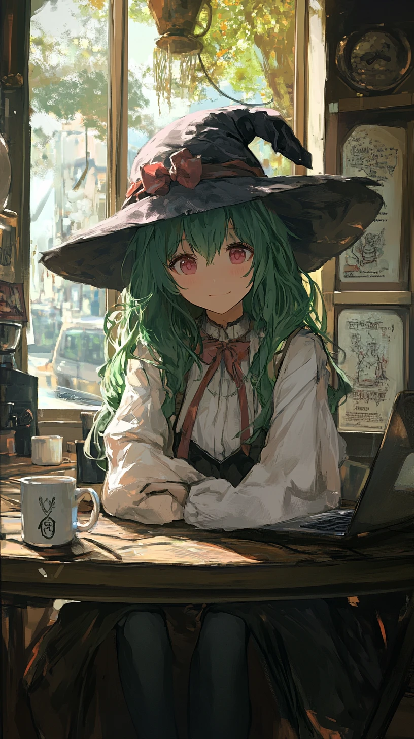 Garota de anime em roupa aconchegante com cabelo verde-escuro