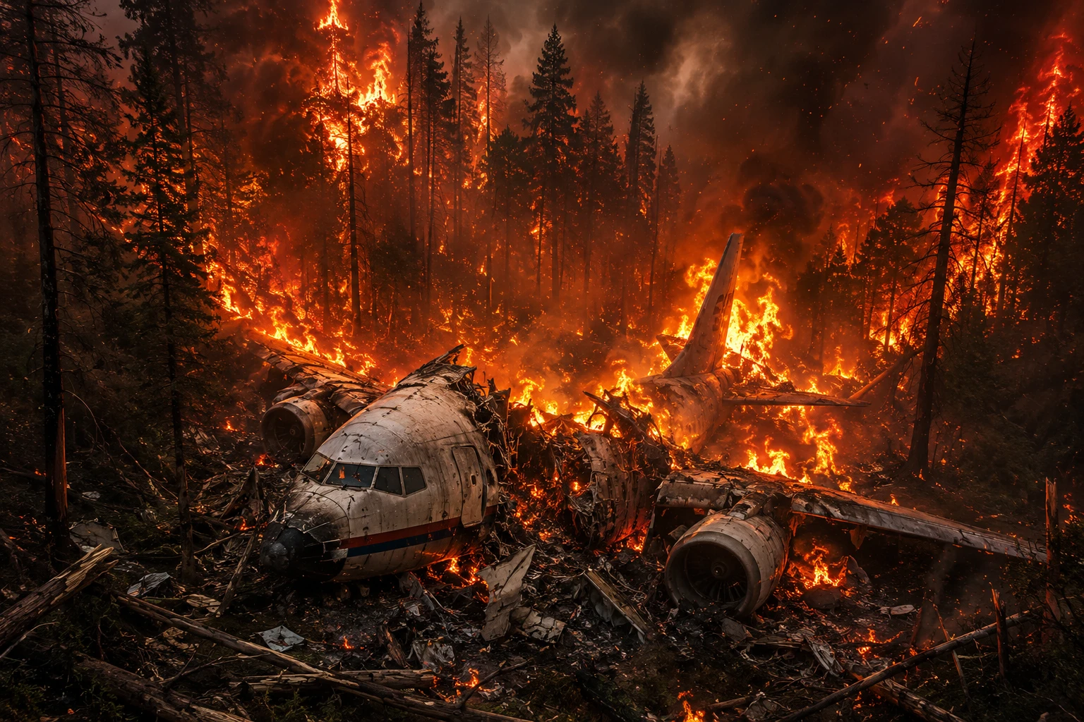 Restos de un avión ardiendo en un infierno forestal devastado