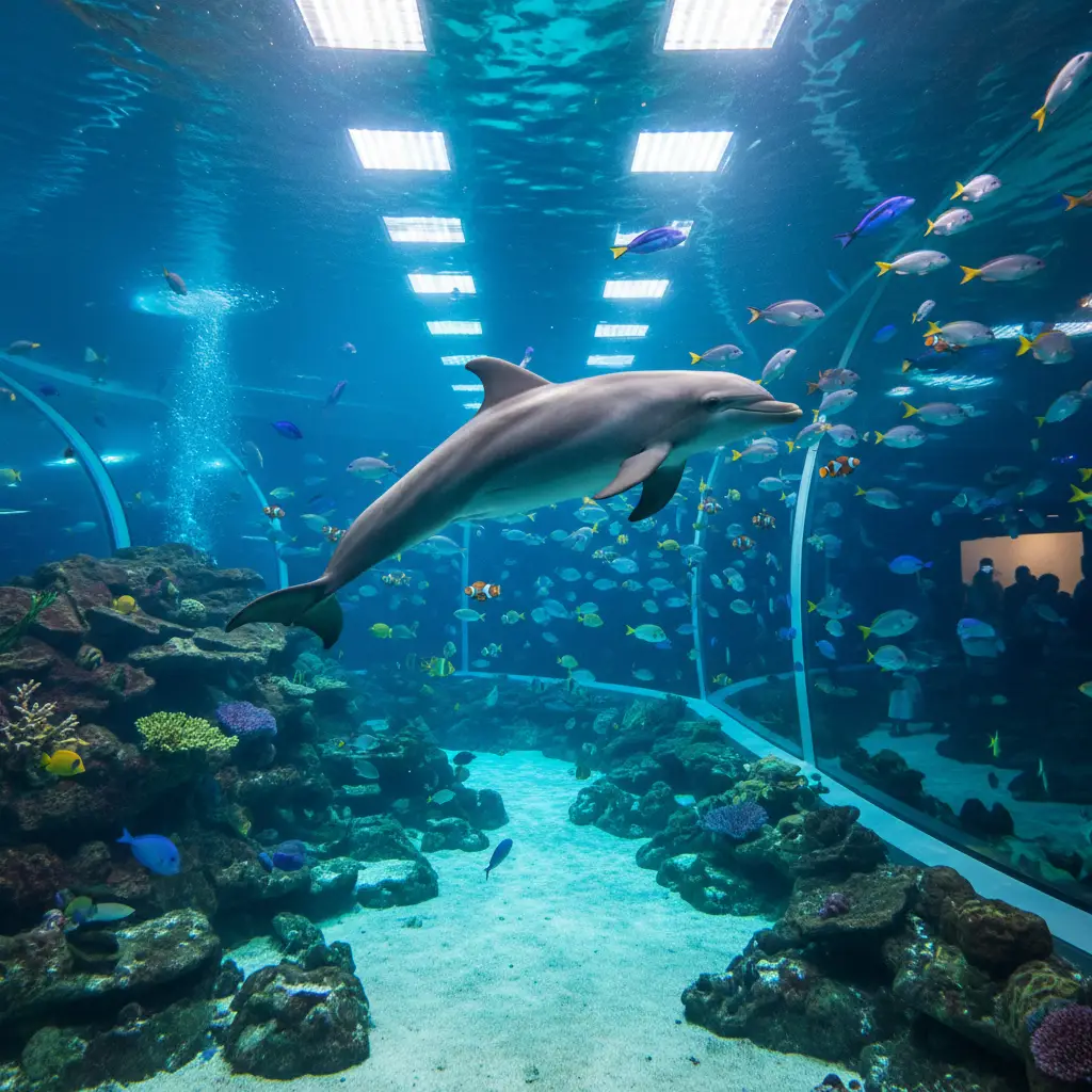 色とりどりの魚とともに透明な水槽を滑空するイルカ