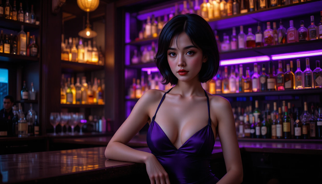 Mulher elegante em um balcão de bar iluminado por roxo dramático
