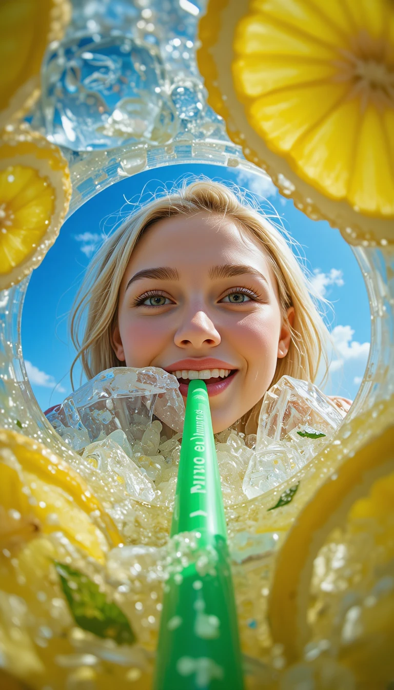 Vista en contrapicado a través de un vaso de limonada hacia una mujer sonriente