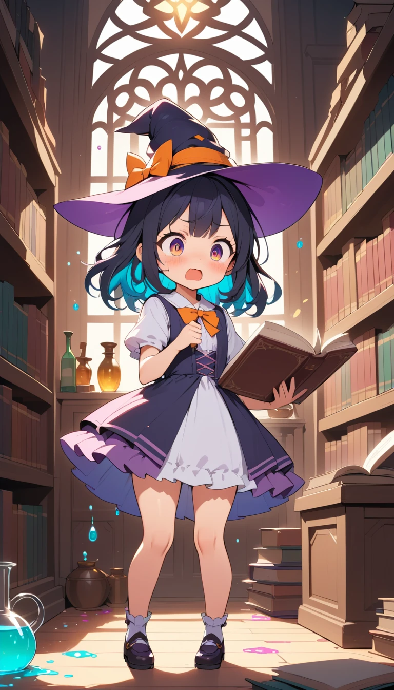 Garotinha bruxa de anime fofa em uma biblioteca mágica caótica
