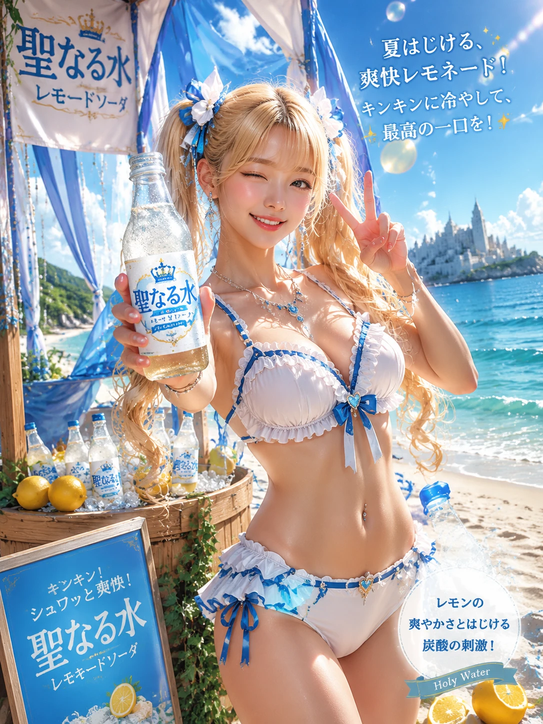 Koreanisches blondes Beachmodel präsentiert sprudelnde Zitronenlimonade