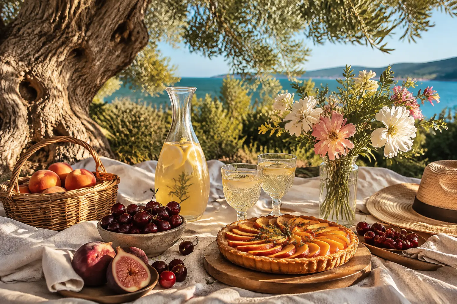 Sommerpicknick unter einem Olivenbaum mit Dessertbuffet