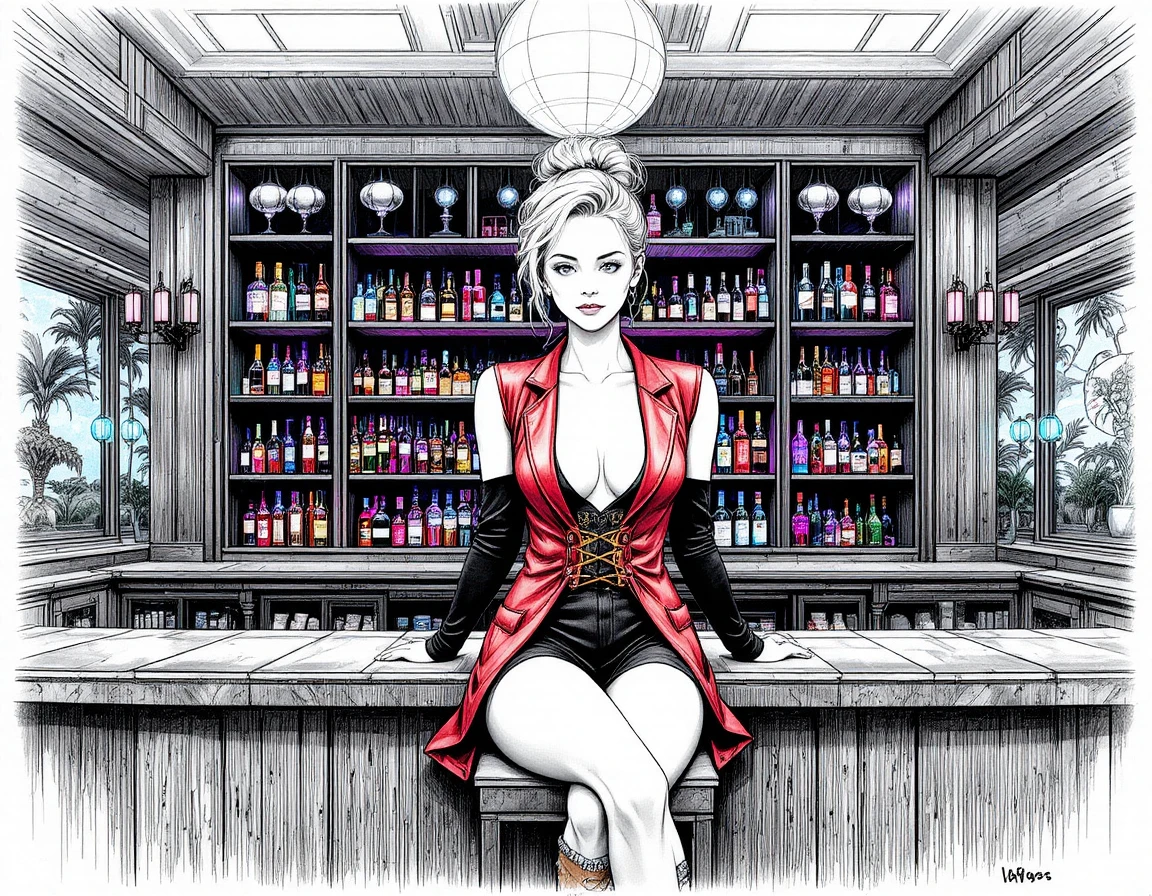 Mulher elegante posando em um balcão de bar de madeira escura