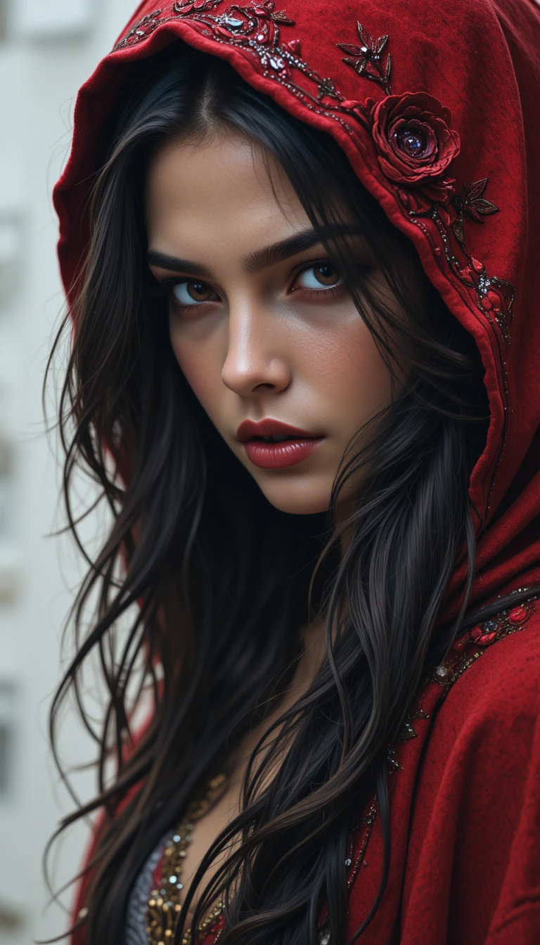 Retrato en primer plano de mujer de cabello oscuro con capa roja con capucha