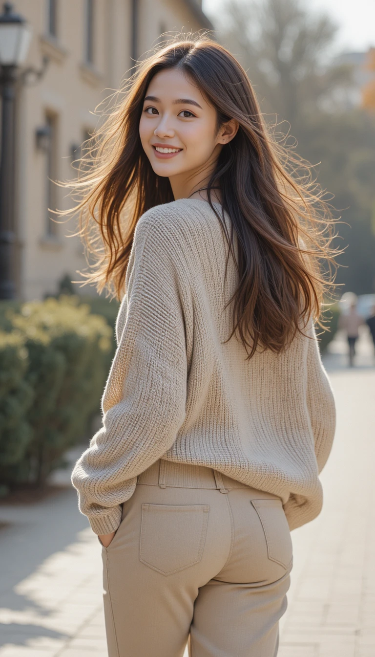 편안한 미디엄 샷으로 앞으로 걸어오는 미소짓는 소녀