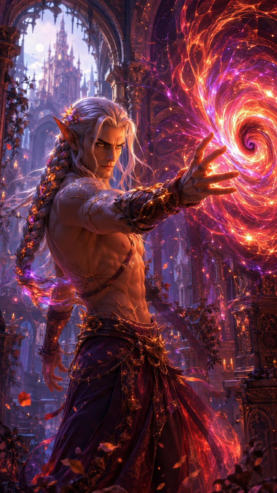 Bruxo elfo invocando um vórtice mágico flamejante no castelo