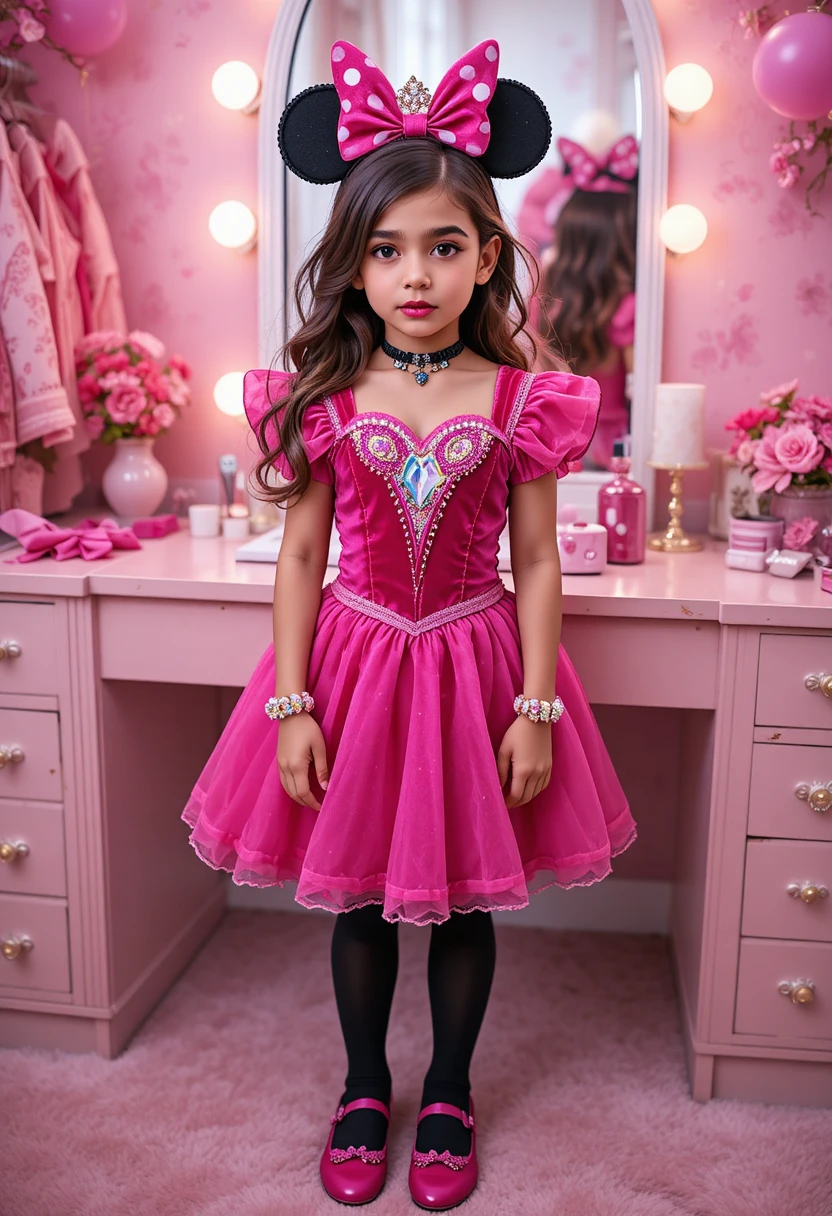 Menino pré-adolescente com fantasia de princesa ao lado de penteadeira rosa