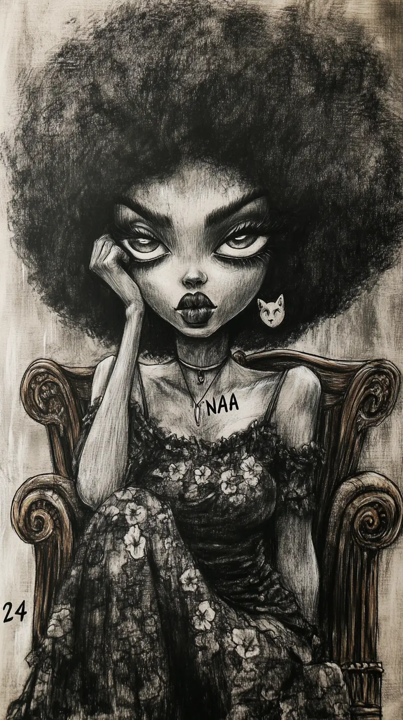 Charcoal caricature portrait of a woman in a wooden chair