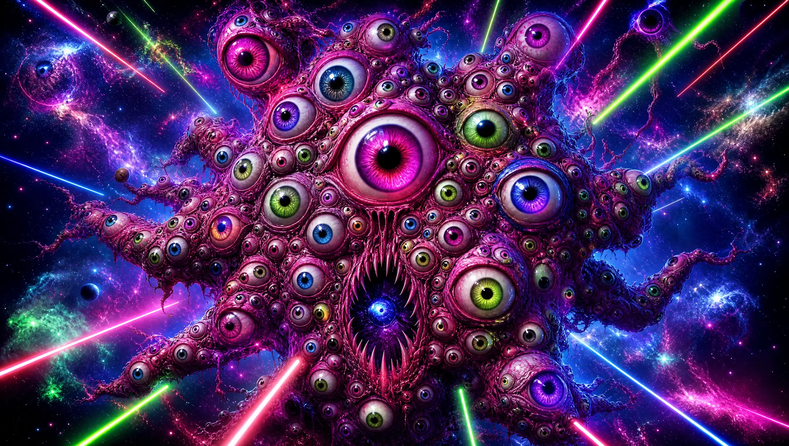 Monstre surréaliste d’orbites multicolores flottant à travers une galaxie
