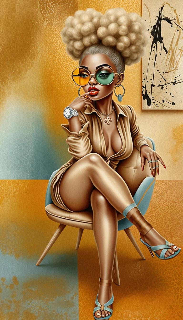 Femme blonde stylisée posant dans un fauteuil mid-century modern