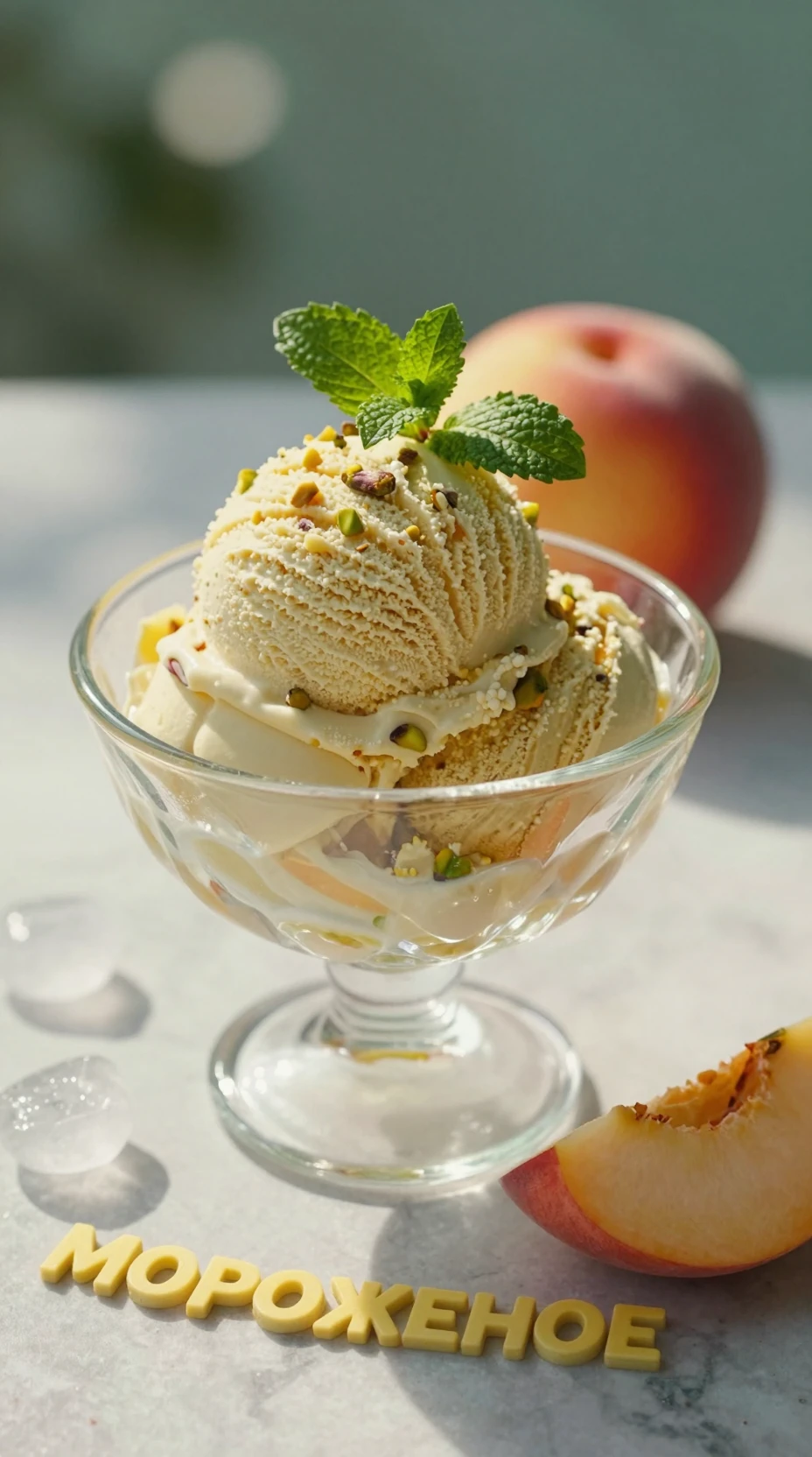 Gelato al pistacchio con pesche in ciotola di vetro su piano in marmo