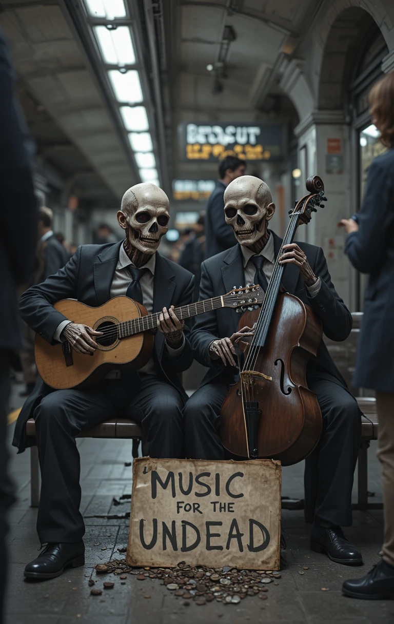Músicos esqueleto mortos-vivos se apresentando em uma estação de metrô escura
