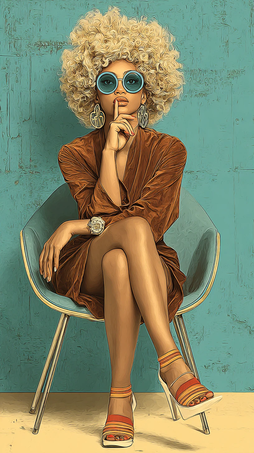 Mulher loira em cadeira retrô com estilo pop art ousado