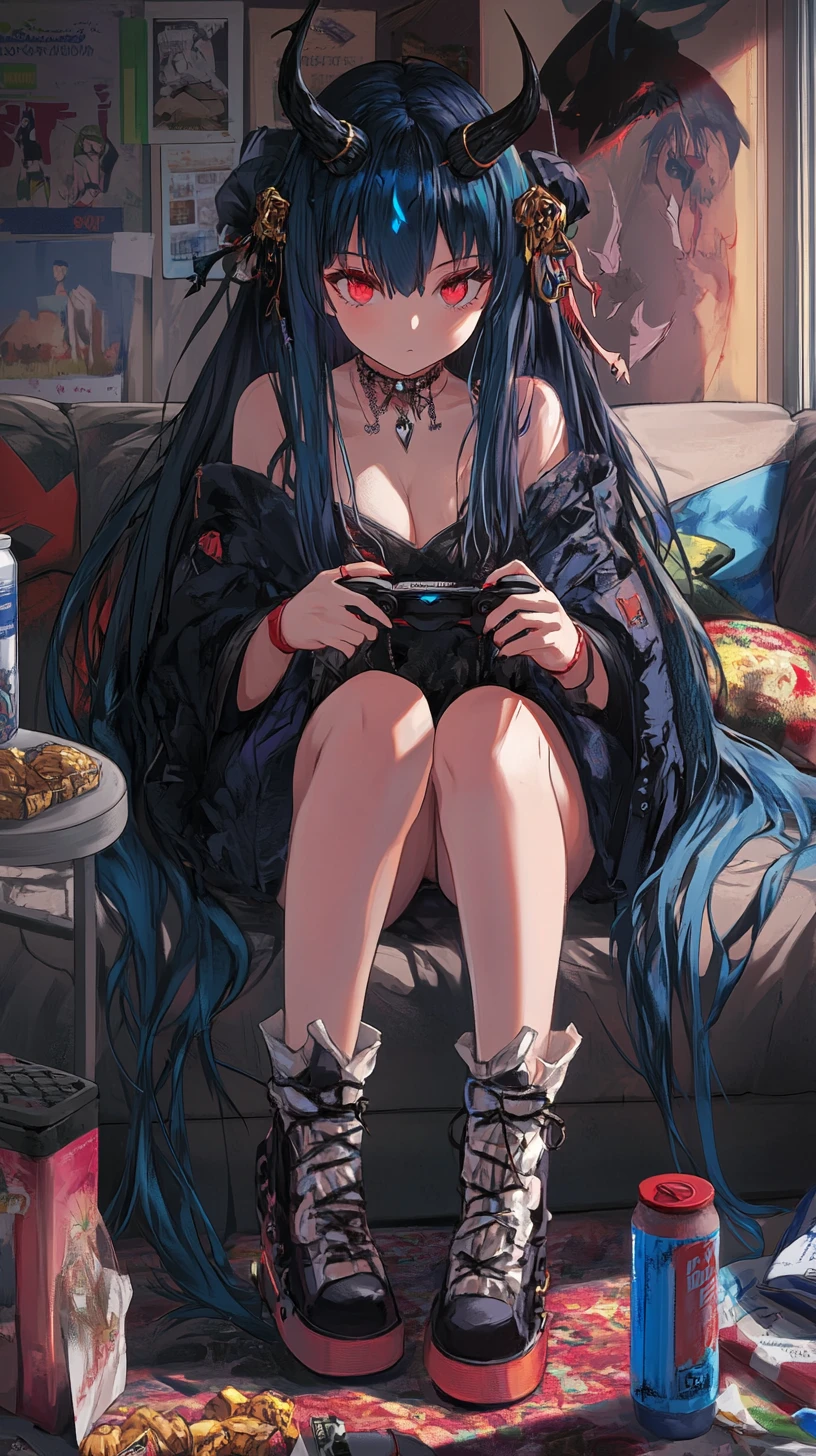 お菓子とドリンクを楽しみながらソファでゲームをするアニメ少女