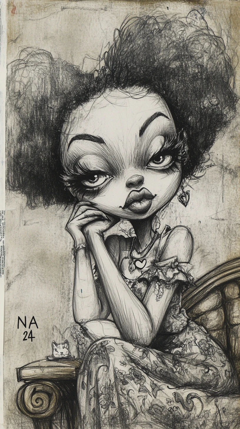 Caricatura en carbón de una mujer con enorme cabello afro