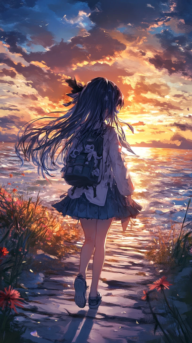 Fille d’anime marchant dans un champ de fleurs au coucher du soleil