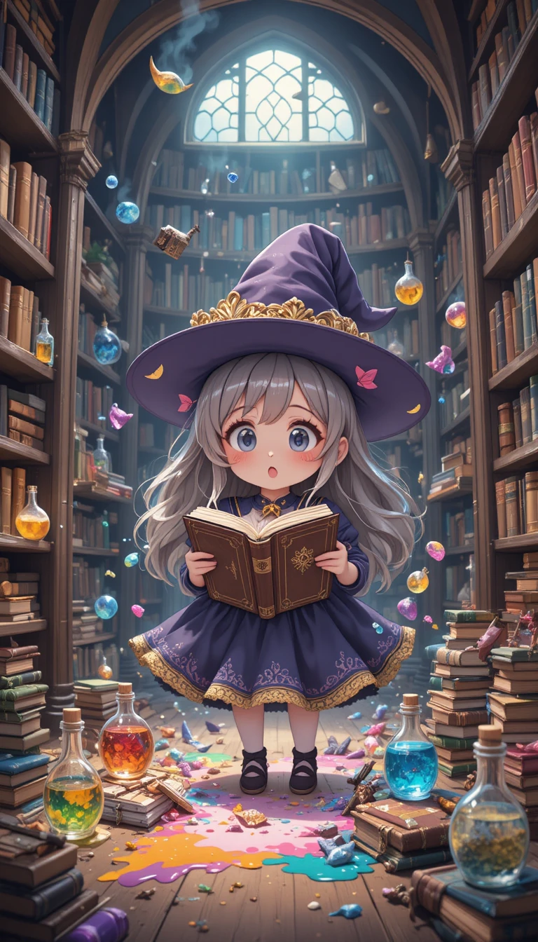 Dolce ragazza strega anime che mescola pozioni in una biblioteca
