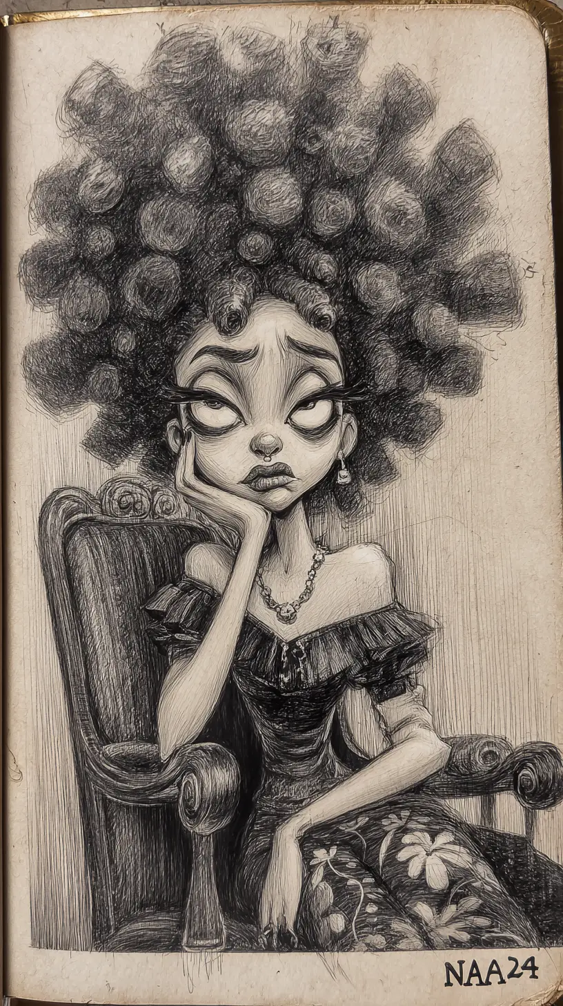 Retrato em carvão de mulher com afro gigante em estilo caricatura