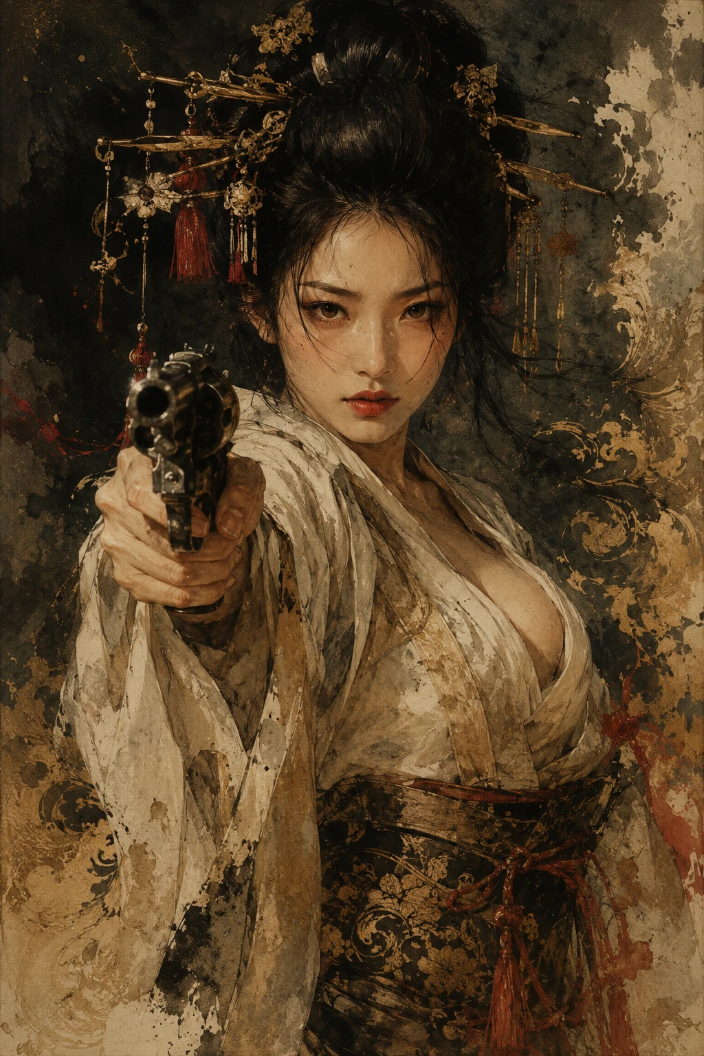 어두운 수채화 속 리볼버를 든 동아시아 여성 전사