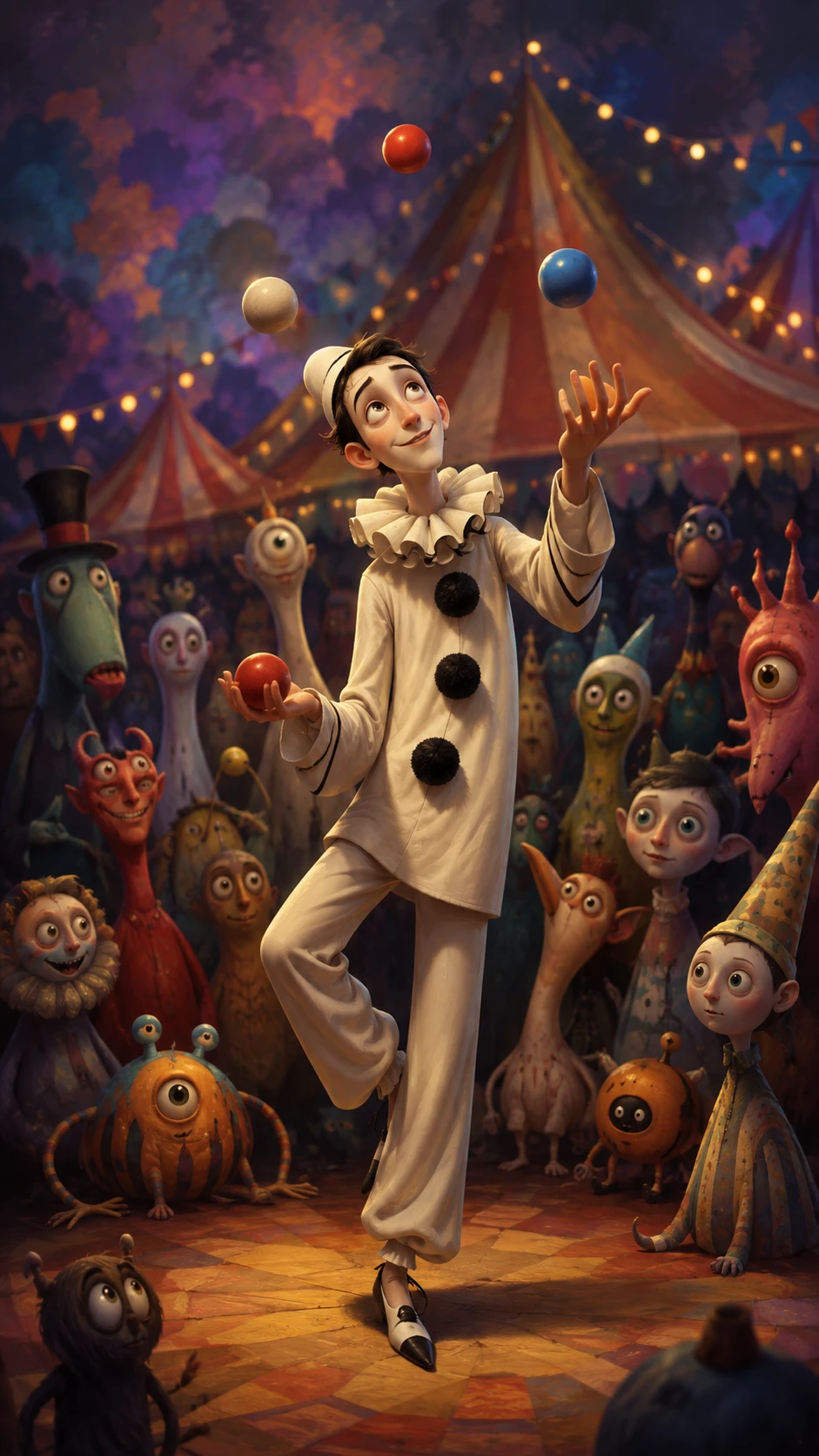 Malabarista pierrot surreal se apresentando para um público fantástico e colorido