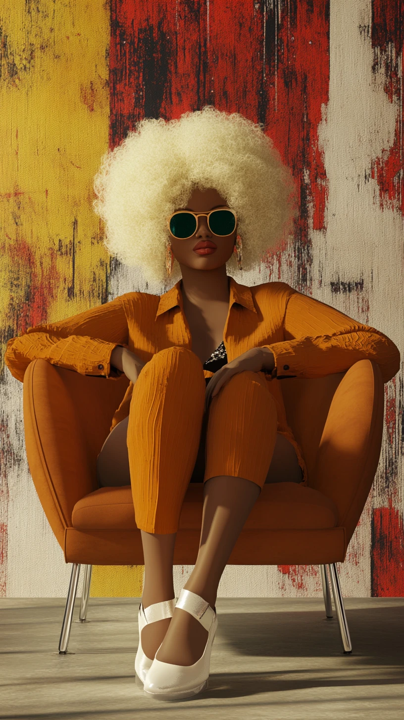 Stilisierte blonde Frau im Sessel mit kühner Retro-Mode