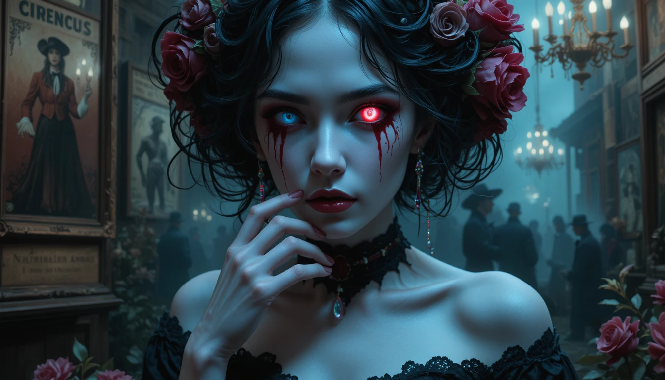 Mulher surreal com lágrima de sangue em retrato gótico floral