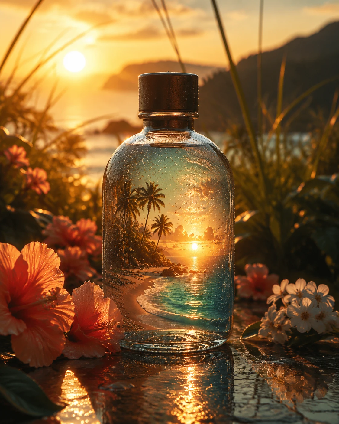 Bouteille en verre de luxe avec plage d’été surréaliste et lumineuse
