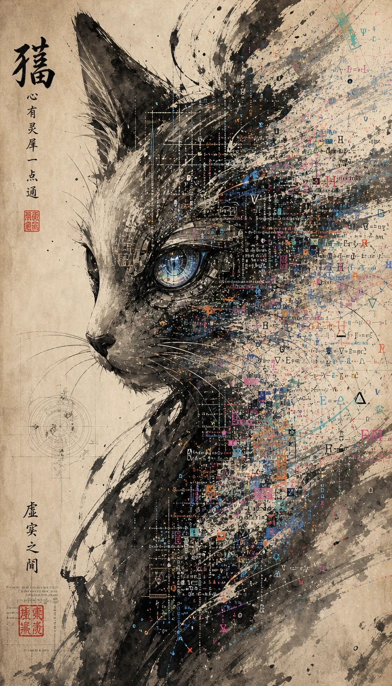 Felino cibernético se dissolvendo em fragmentos fluídos de glifos em sumi-e