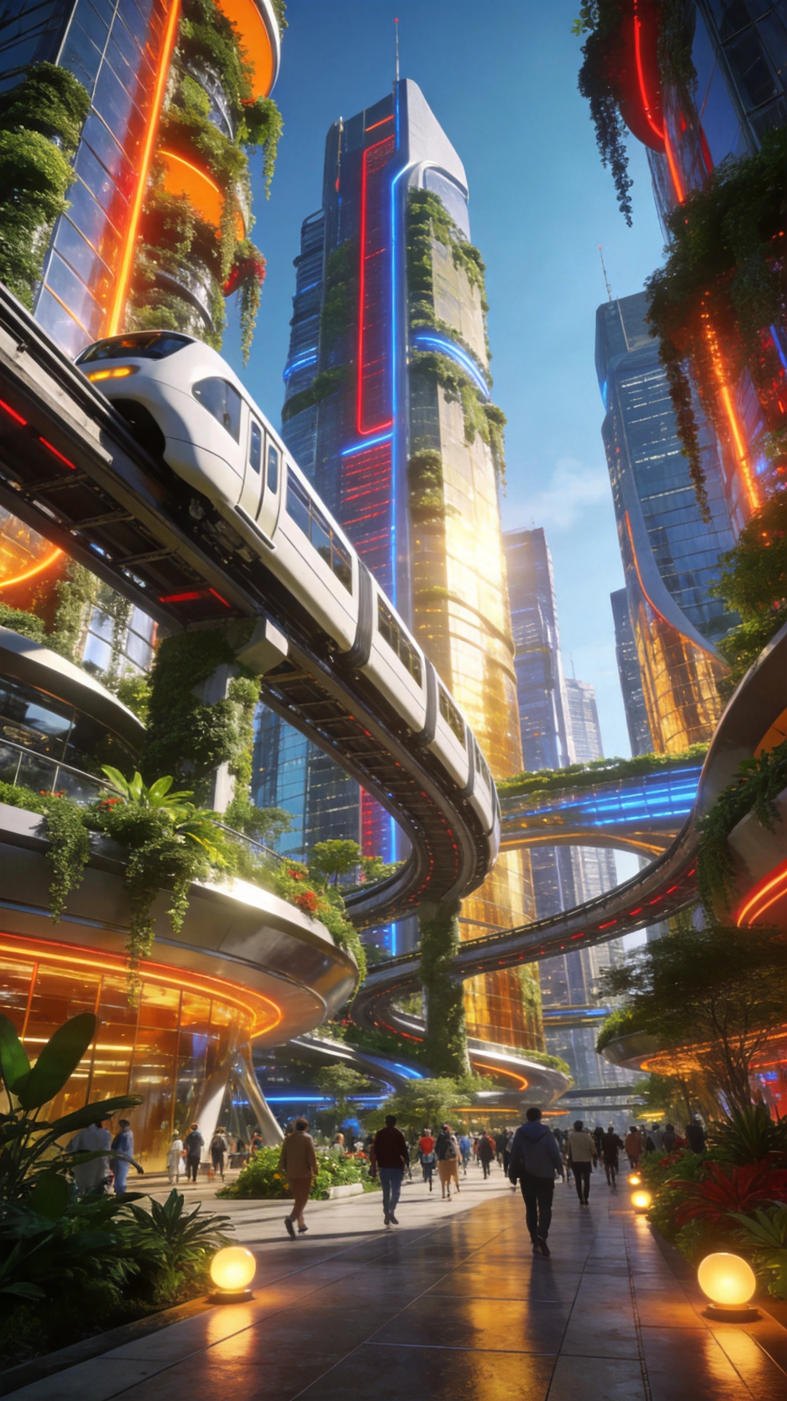 Metrópole futurista solarpunk com exuberantes jardins verticais