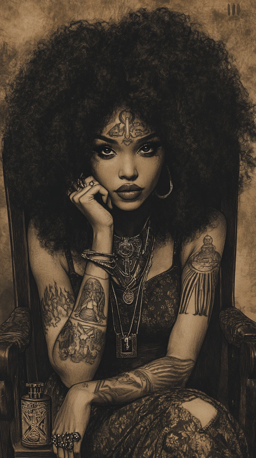 Caricatura a carbón de una mujer con gran cabello afro rizado