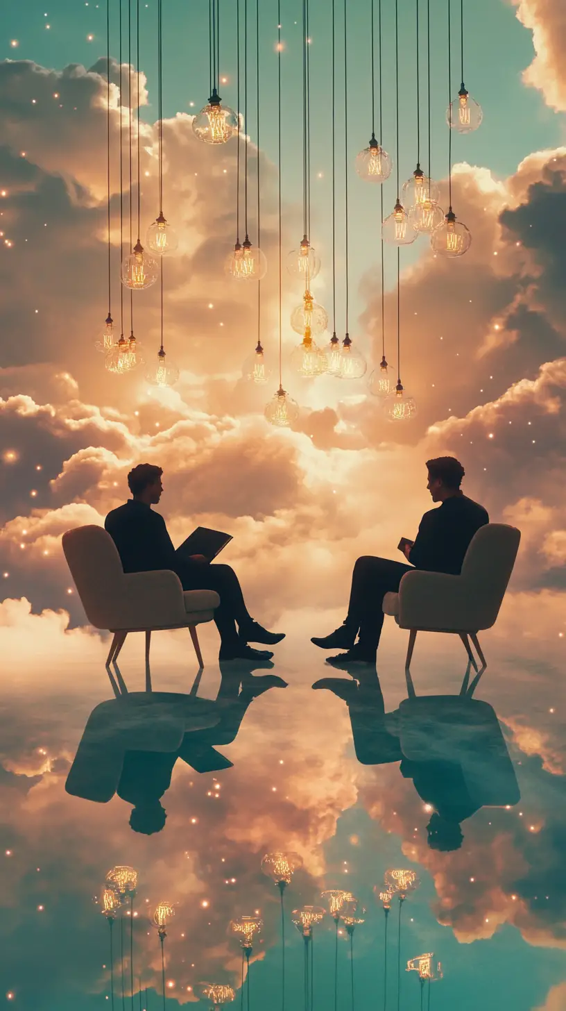 兩個坐在扶手椅上的人物漂浮在發光雲朵上