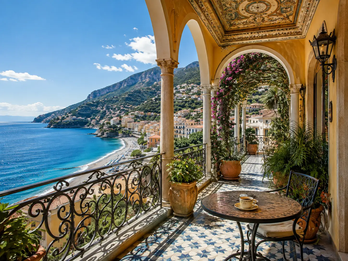 Mediterranean balcony overlooking a peaceful coastal town