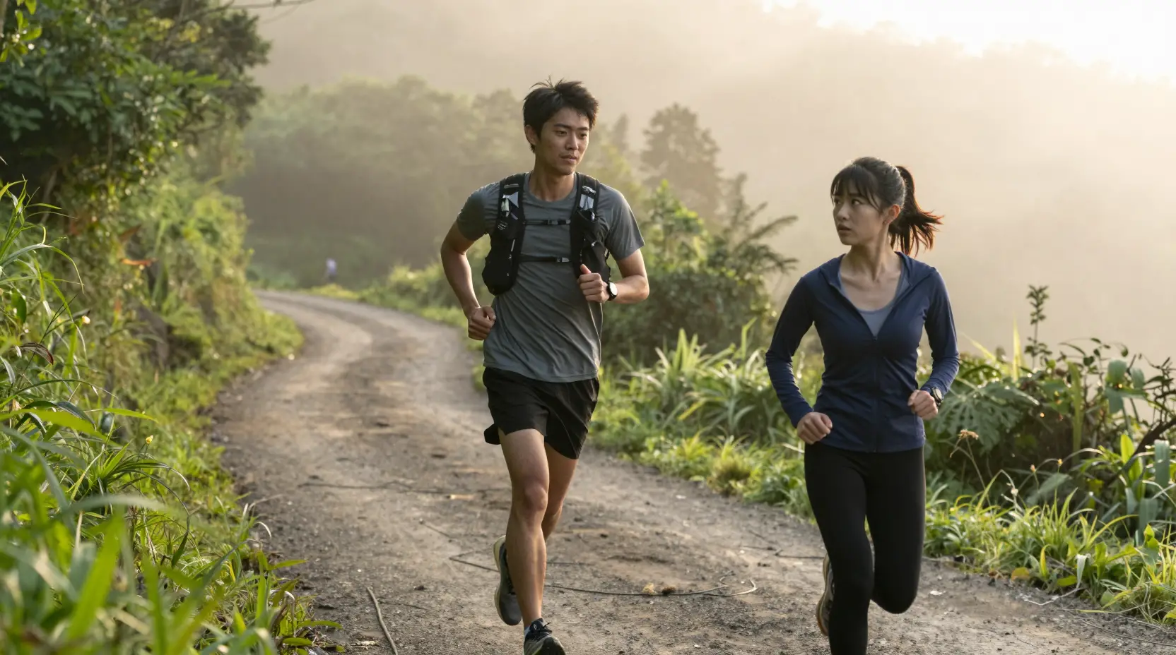 Runners crossing paths on a misty forest road at sunrise