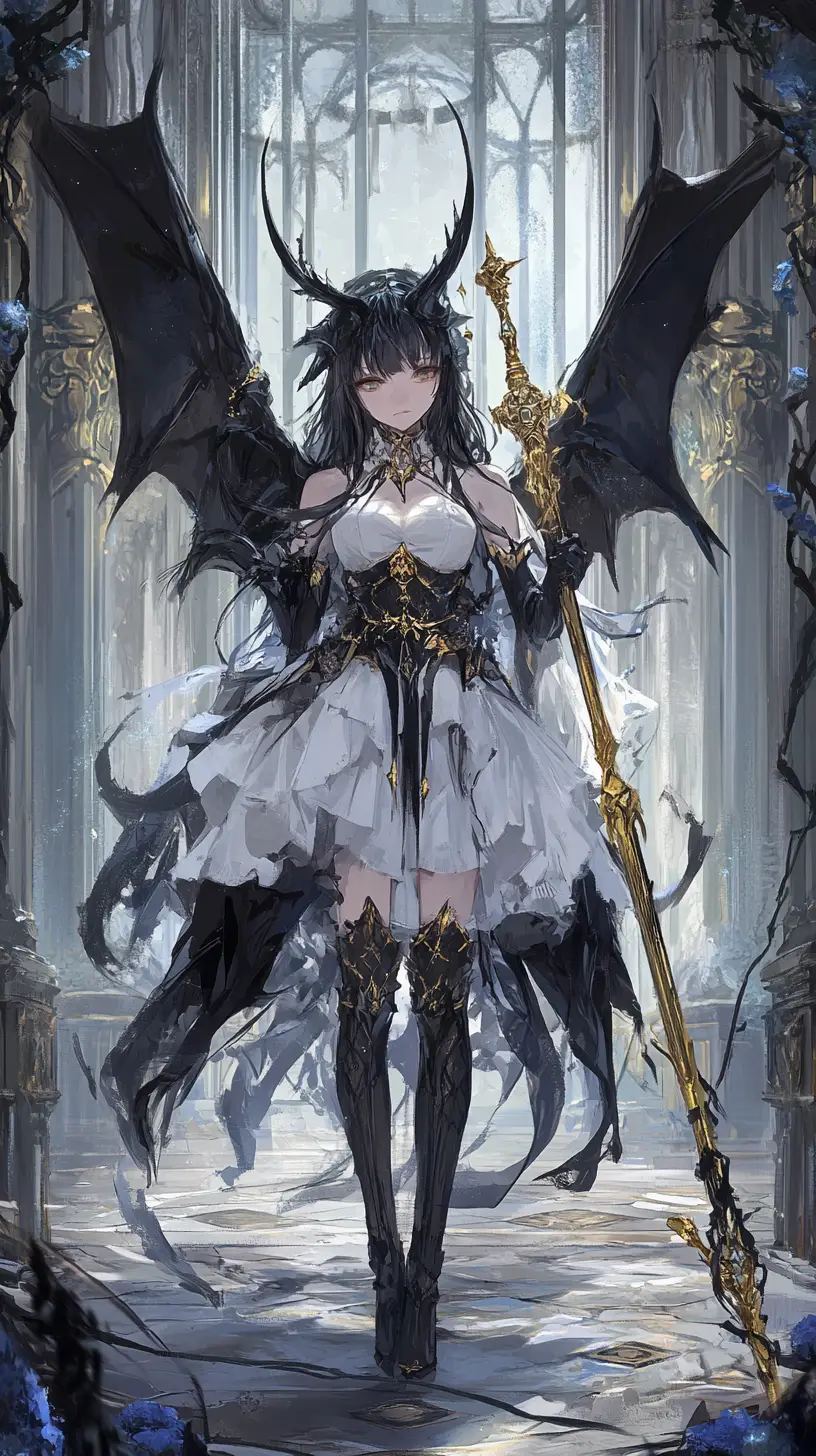 Anime-Mädchen mit dämonischem Horn in prunkvoller Thronhalle