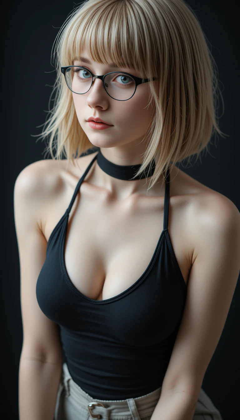 검은 배경 앞에서 몸을 숙인 안경 쓴 고스 소녀