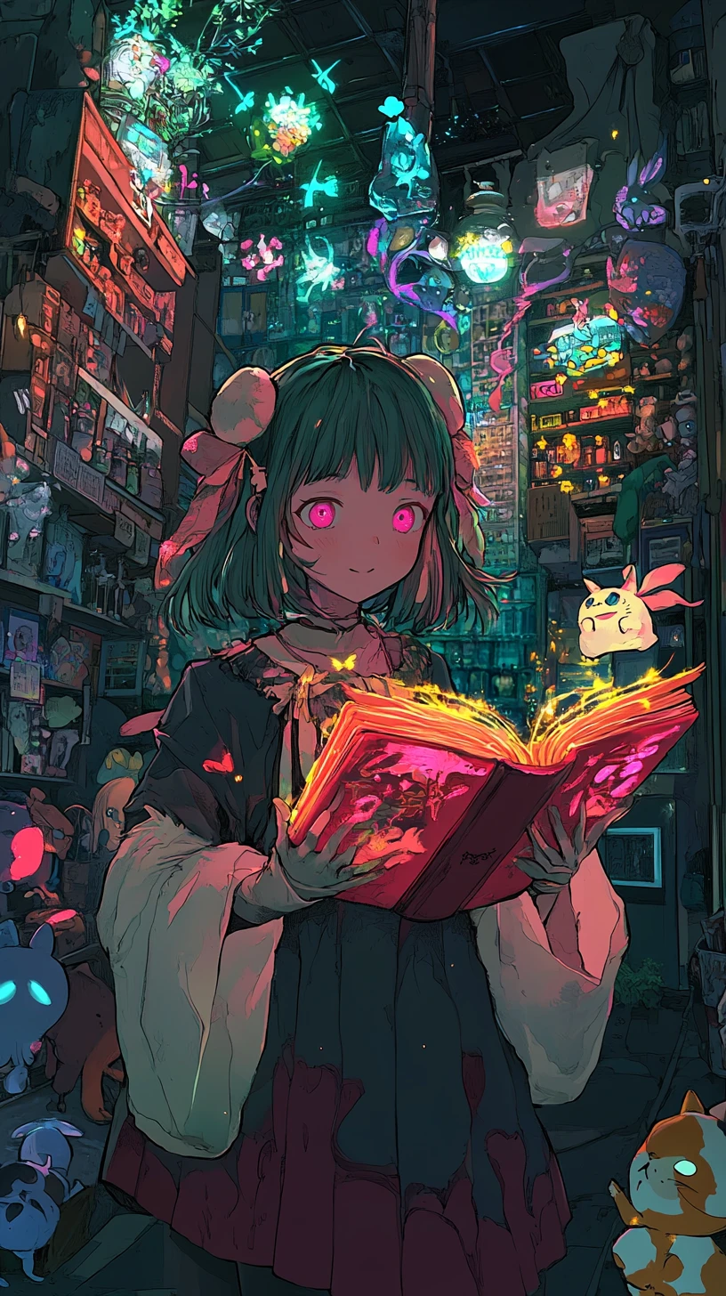 Fille d’anime tenant un livre démoniaque devant un château en ruines