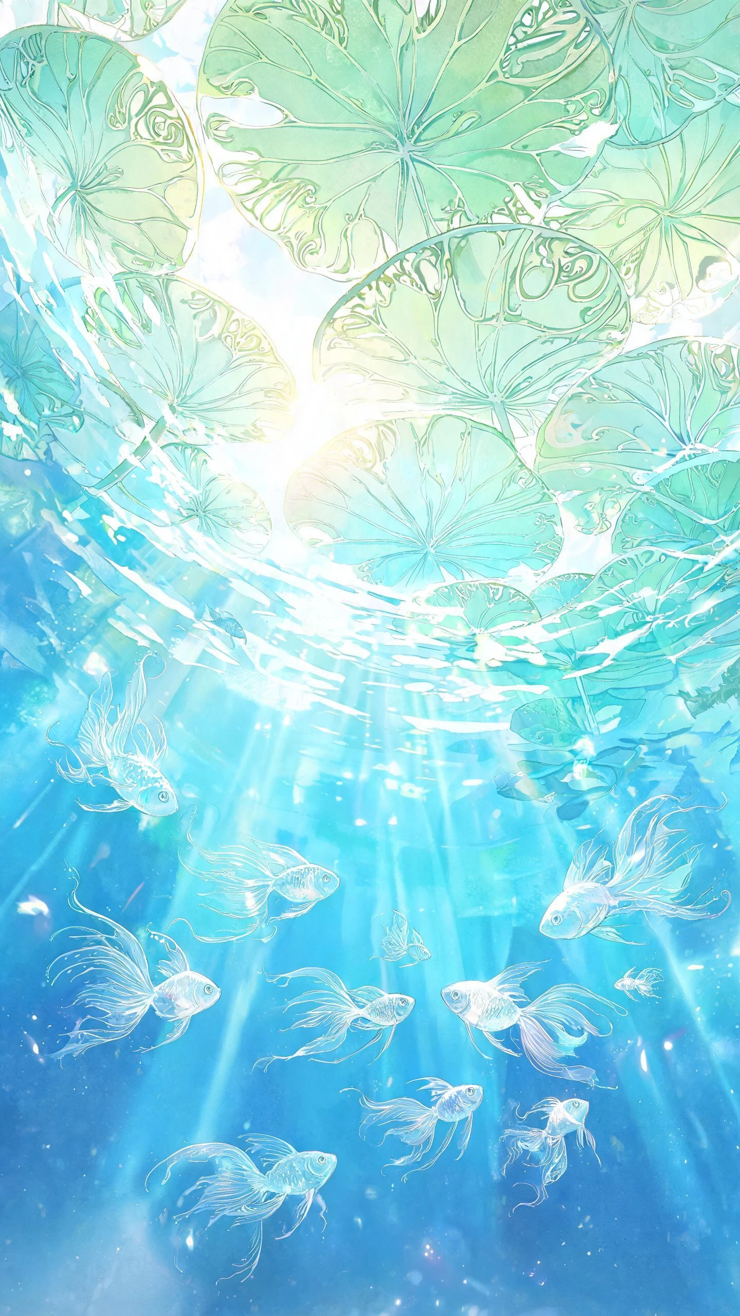 Vue sous-marine de poissons lumineux et de nénuphars géants