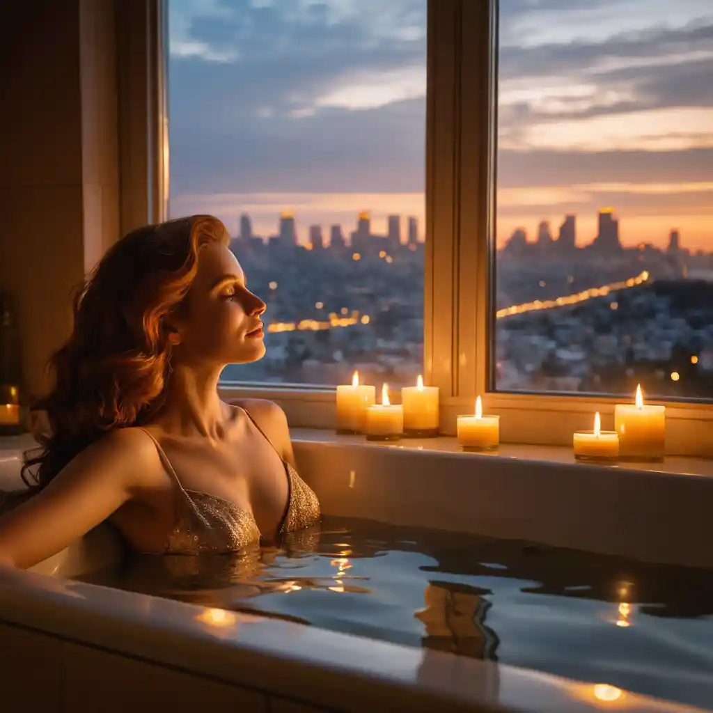 Rothaarige Frau entspannt im kerzenbeleuchteten Jacuzzi