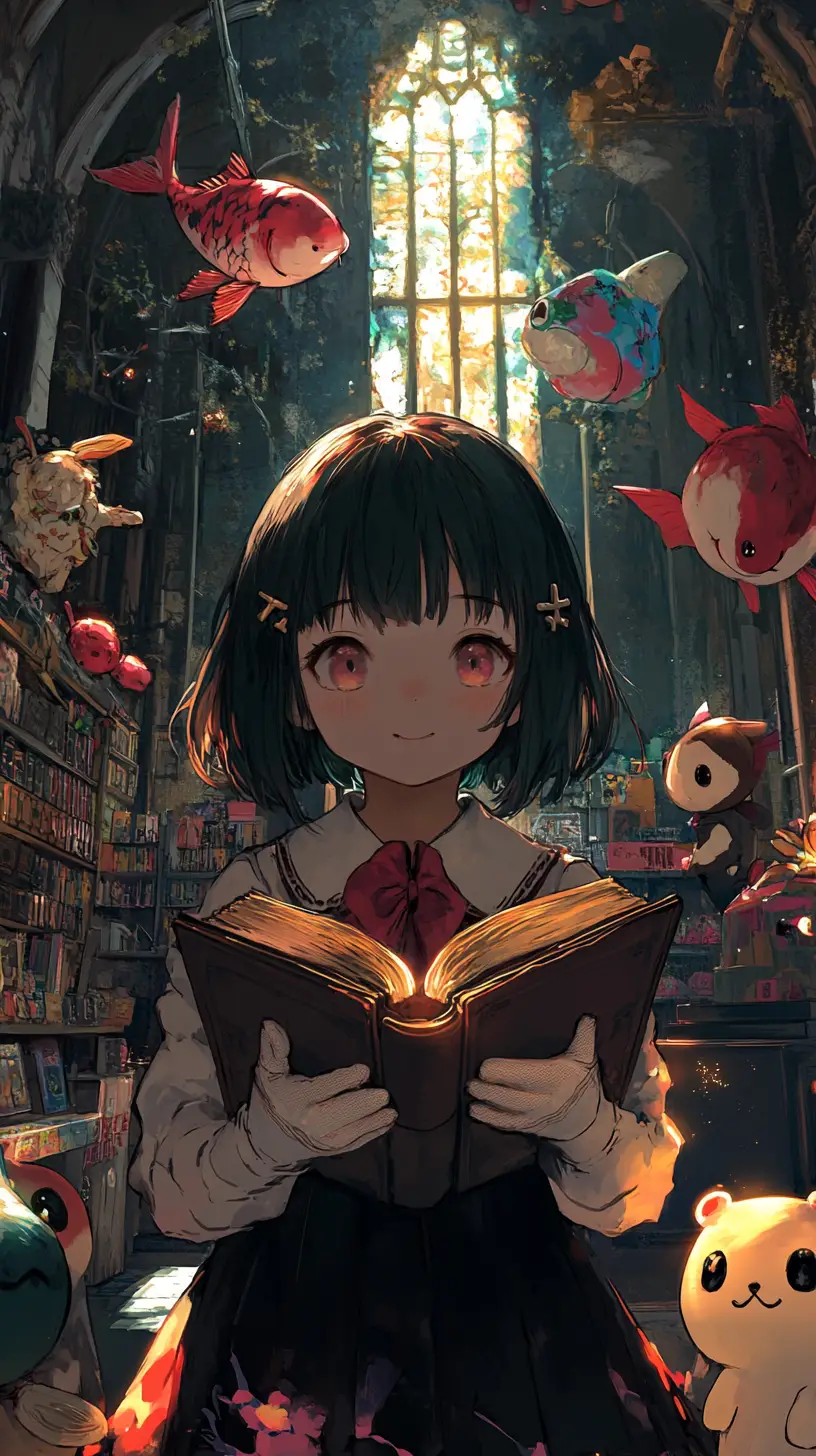 Fille d’anime tenant un livre démoniaque au crépuscule dans un château en ruine