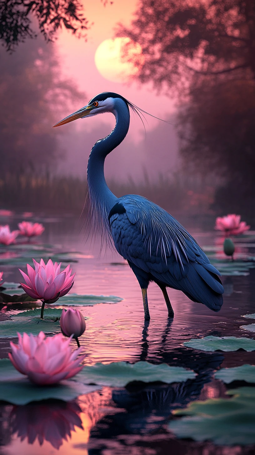 Héron bleu parmi les fleurs de lotus sur l’eau calme au crépuscule