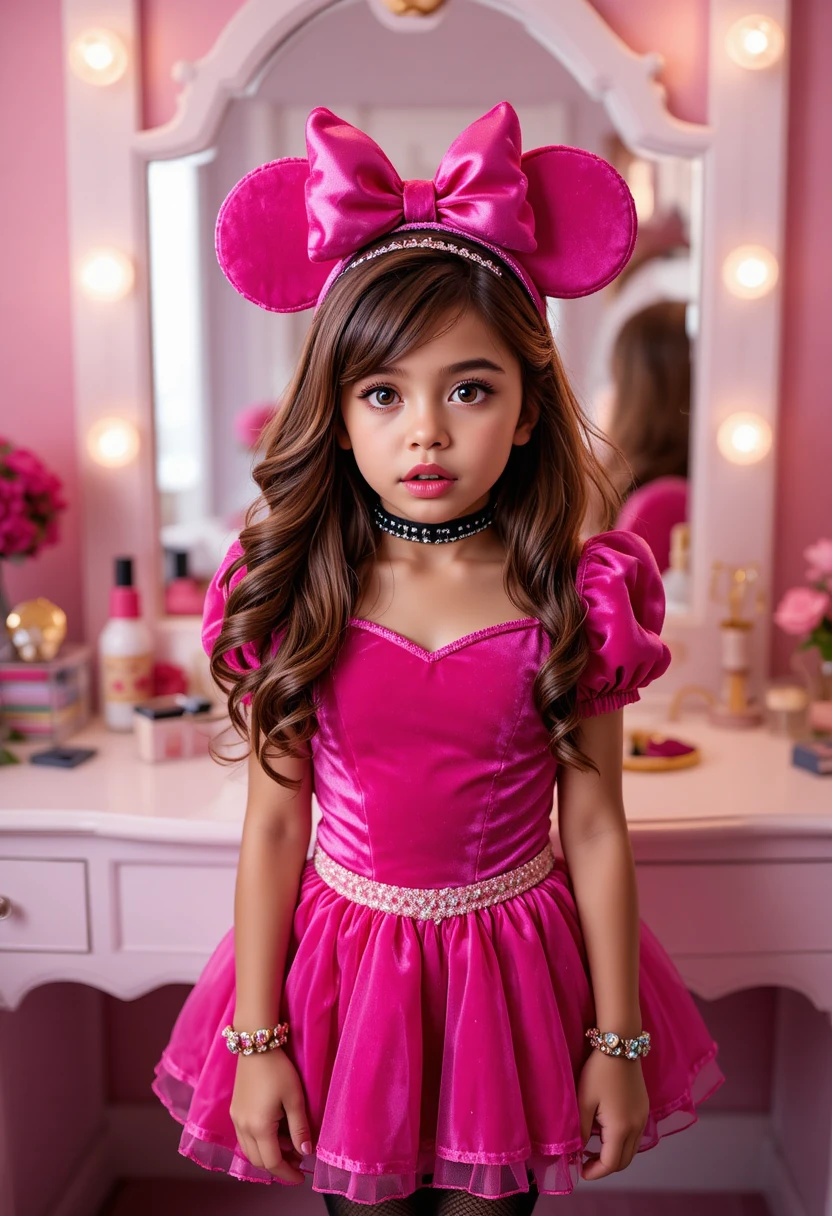 Pré-adolescente de fantasia de princesa rosa na penteadeira do quarto