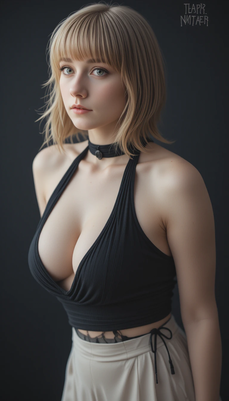 검은 홀터넥 톱을 입은 고스 소녀의 측면 초상