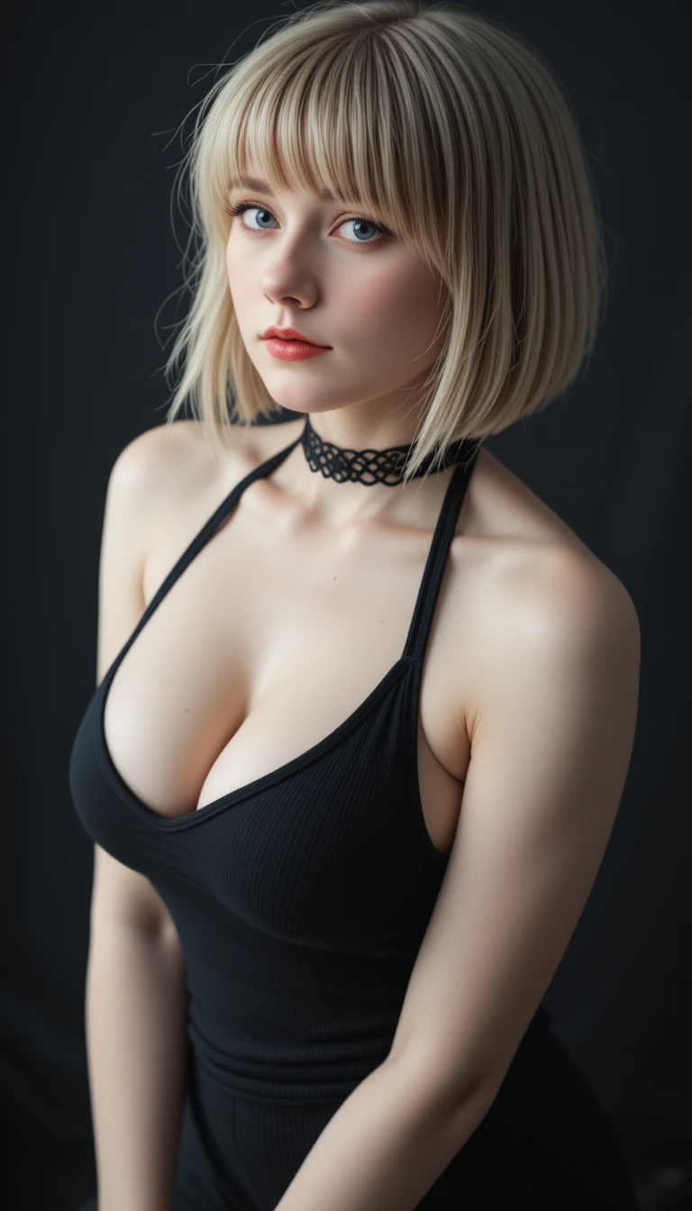 홀터 톱을 입은 플러티 고스 소녀의 측면 초상
