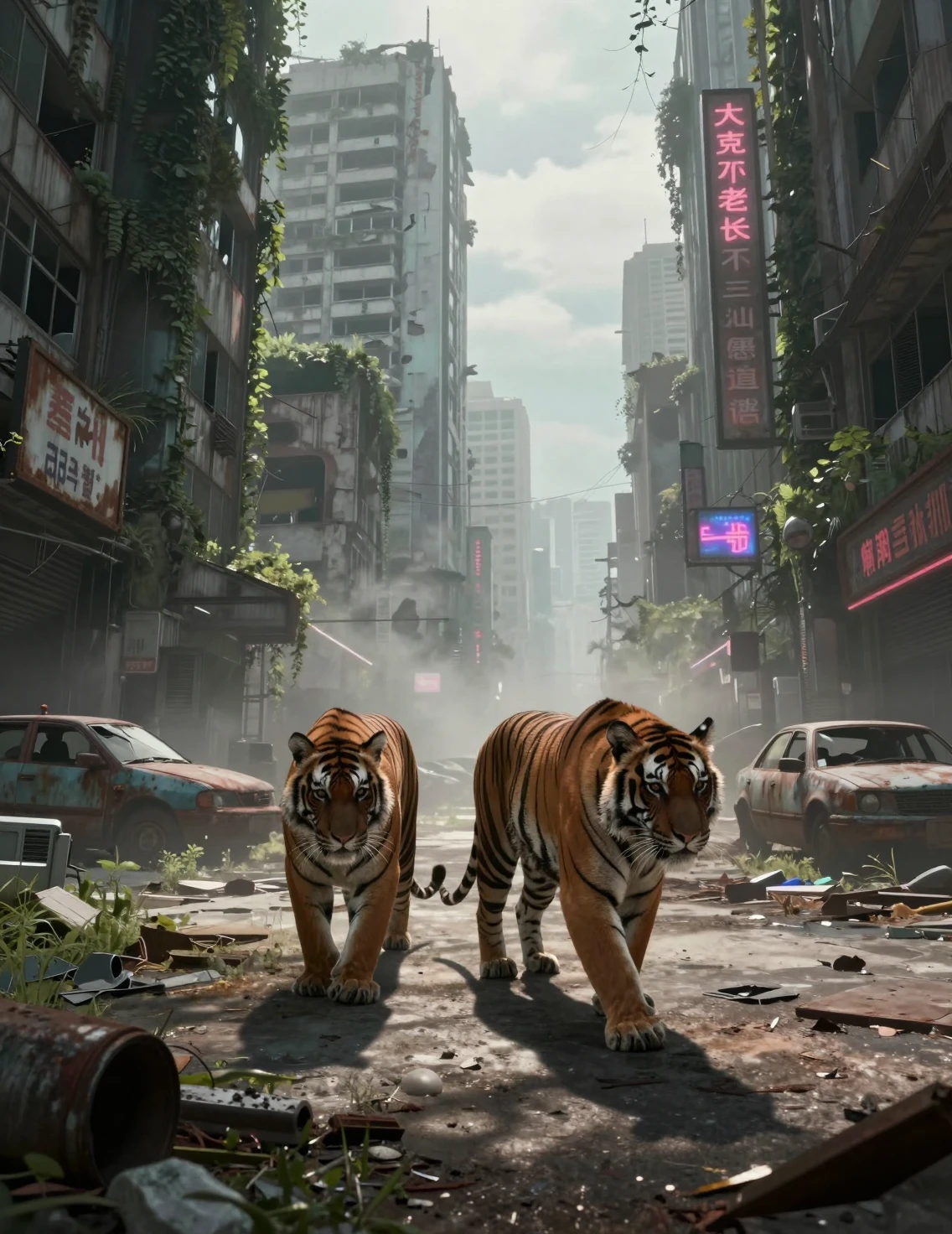 Zwei Bengalische Tiger in einer verlassenen futuristischen asiatischen Megacity