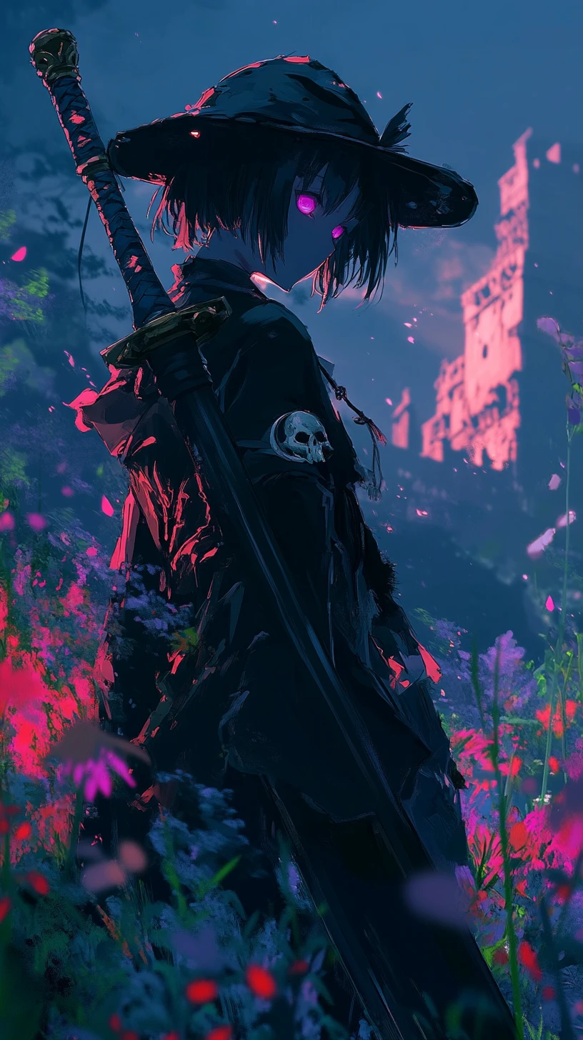 Guerrière anime avec épée et tenue sur le thème de l’ancre