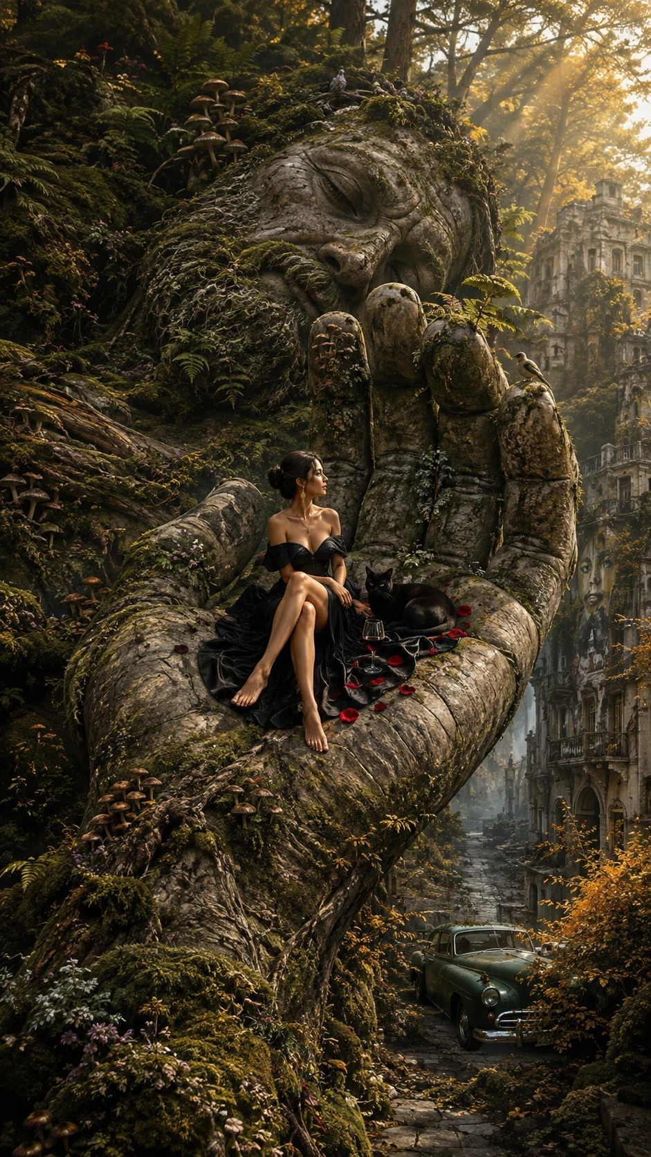 Elegante Frau ruht in der Hand eines schlafenden Waldriesen